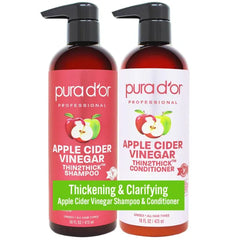 PURA D'OR Apple Cider Vinegar Thin2Thick Set (16oz x 2) ACV Shampoo & Conditioner, Clarifying - Biotin, Keratin, Caffeine, Castor Oil, Aloe - All Hair Types, Men & Women
