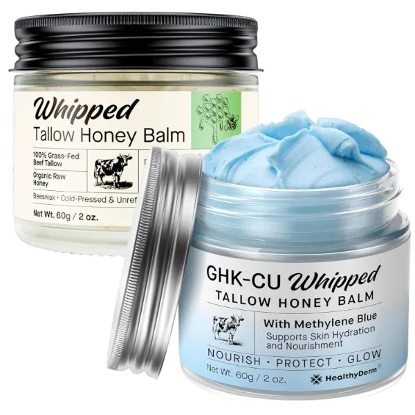 HealthyDerm Beef Tallow Balm Duo – Copper Peptide Blue Balm + Honey Tallow Moisturizer – Natural Face & Body Care for Dry, Mature & Sensitive Skin – 4oz Total