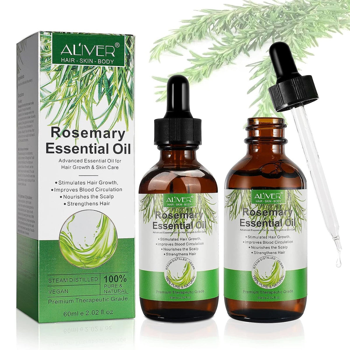 Rosemary Essential Oils (2 Pack), Rosemary Oil for Hair Growth Organic, Pure Natural, Reduce Hair Loss, Deeply Nourishing Scalp, Improves Blood Circulation, Rosemary Hair Growth Oil, Aromatherapy