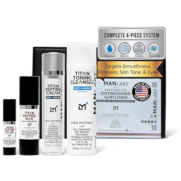Man Labs Titan Oscar Anti Aging Mens Skin Care Kit Wash, Face Serum, Eye Cream, Mens Face Moisturizer Men, Skin Care Set Dark Circles, Wrinkles, Fine Lines Vitamin C, Peptides, Niacinamide, HA