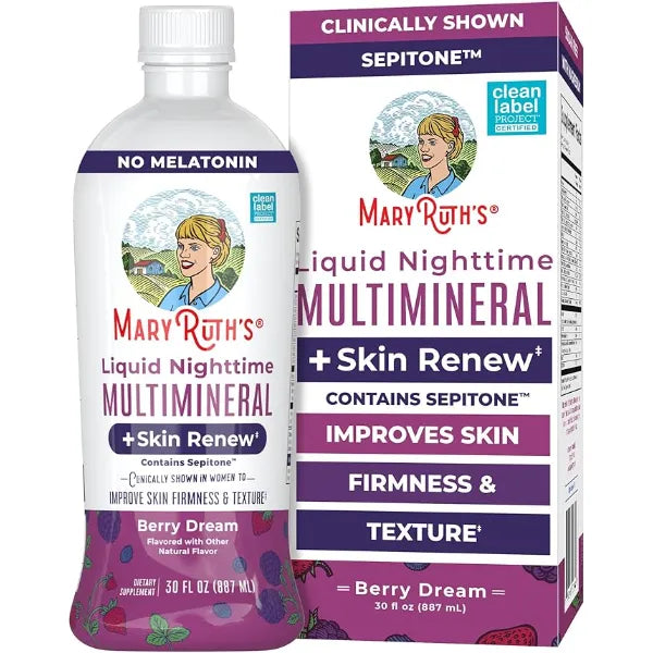 MARYRUTH'S Liquid Nighttime Liquid Multimineral + Skin Renew, 30 Servings | Clinically Shown to Reduce Fine Wrinkle & Improve Skin Firmness in Women, Sepitone, NO Melatonin, Magnesium, Vegan