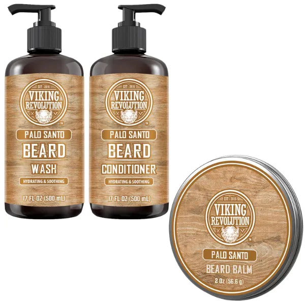 Viking Revolution Palo Santo Beard Wash and Beard Conditioner Kit for Men (17 Fl Oz each) and Palo Santo Beard Balm (2 Oz) - Beard Softener, Strengthener and Moisturizer with Argan & Jojoba Oils