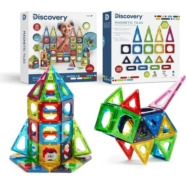 Discovery 100 Piece 3D Magnetic Tiles Set, Educational STEM Kids Toys, Ages 4+, Construction Building Block Creativity Kit, Engineering Development