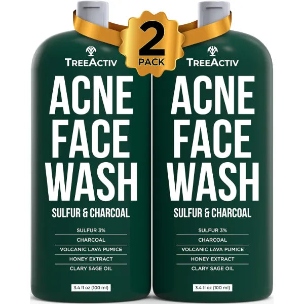 TreeActiv Charcoal Face Wash, 3.4oz, Daily Face Wash with Sulfur and Honey, Charcoal Face Cleanser for Women and Men, 400+ Uses, 2-Pack