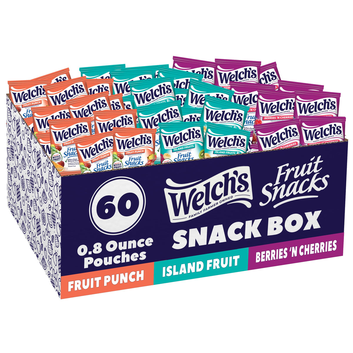 Welch's Fruit Snacks, Fruit Punch & Island Fruits & Berries 'N Cherries Snack Box, Stocking Stuffers, Gluten Free, 0.8oz Snack Packs (Pack of 60)