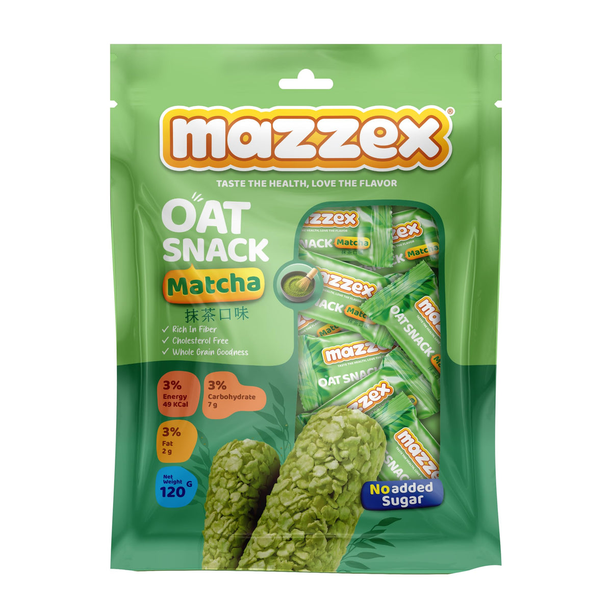 Mazzex Oat Snack Matcha 120g (12 Bars) | Healthy Snack, Sugar-Free & Low-Calorie Matcha | Whole Grain Ready-to-Eat Oat Bars | Green Tea Flavor for Kids & Adults