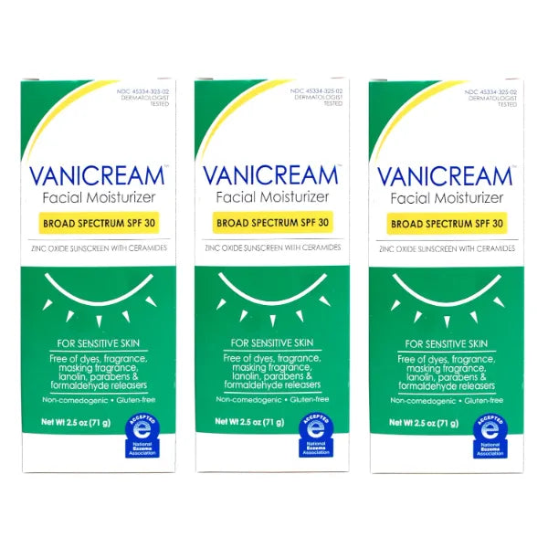 Vanicream Facial Moisturizer Broad Spectrum SPF 30, Zinc Oxide Sunscreen with Ceramides, For Sensitive Skin, Non-Comedogenic and Fragrance-Free, 2.5 oz (Pack of 3)