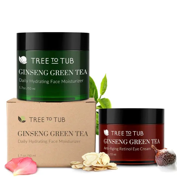 Tree to Tub Hydrating Face Moisturizer, 50ml and Eye Cream, 15ml for Dark Circles, Puffiness, Wrinkles, Bags Under Eyes - Water-Based Hyaluronic Acid, Vitamin C & E, Organic Aloe, Green Tea & Natural Ginseng