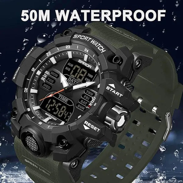 KASTWAVE Men's Waterproof Tactical Sports Watch, Dual Dial LED Digital & Analog Time Display, Easy to Read Stopwatch for Outdoor Activities, 5ATM