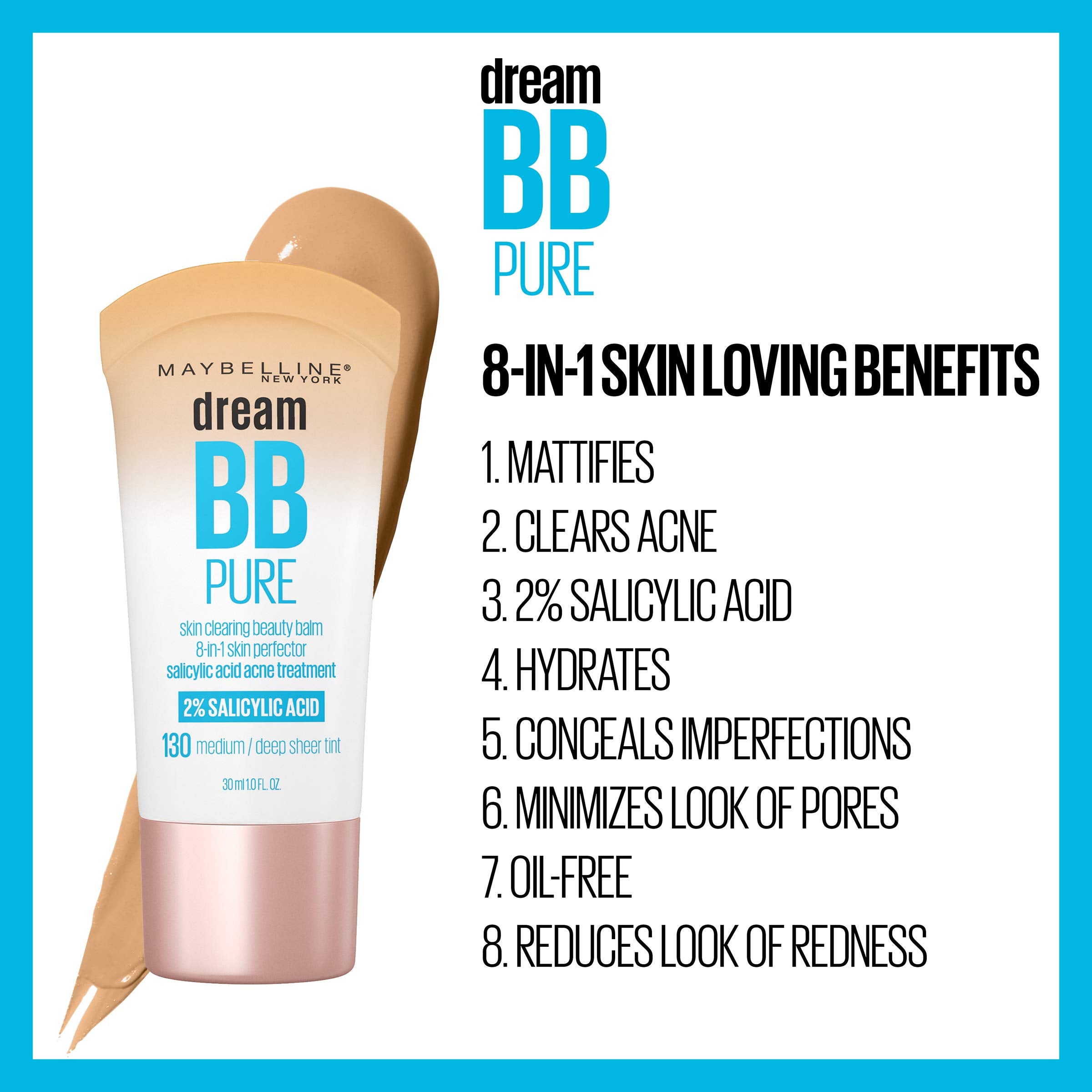 Maybelline New York Dream Pure Skin Clearing BB Cream, 8-in-1 Skin Perfecting Beauty Balm With 2% Salicylic Acid, Sheer Tint Coverage, Oil-Free, Deep, 1 Count