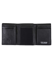steve madden Men's Leather Trifold Wallet With RFID Blocking Technology, Black (Smooth Grain), One size