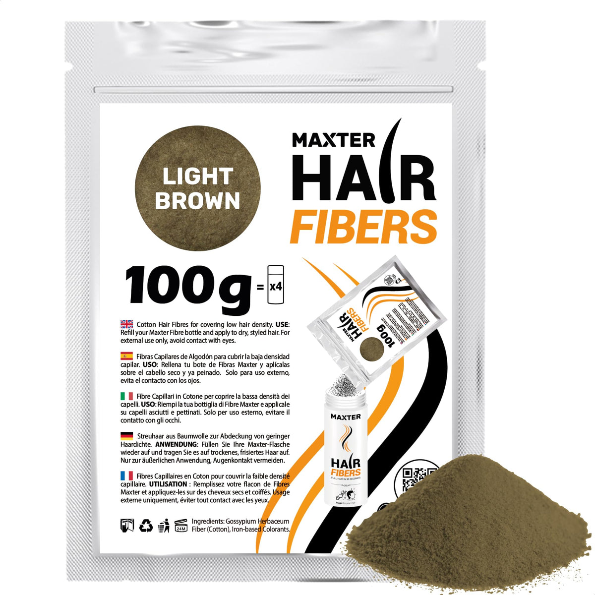 Maxter Hair Refill Bag Light Brown 100g - Hair Fibers for Men and Women - 100% Natural Powder for Building, Thickening and Covering