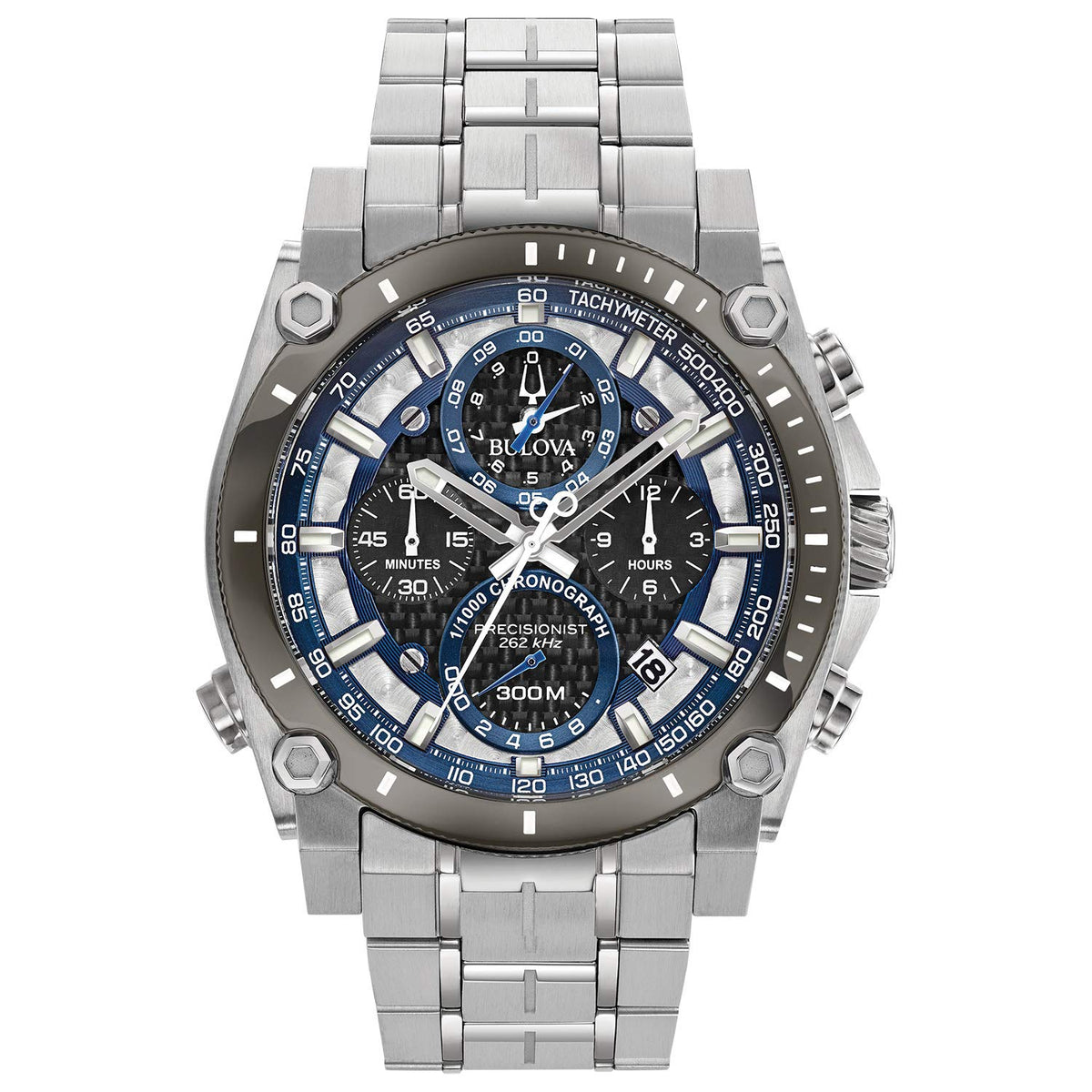 Bulova Men's Icon High Precision Quartz Chronograph Watch, Curved Mineral Crystal, 300m Water Resistant, Continuous Sweeping Secondhand, Luminous Markers - Silver Tone/Blue