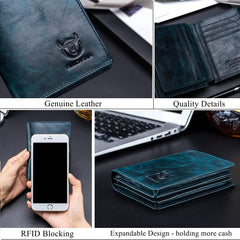 BULLCAPTAIN Large Capacity Genuine Leather Bifold Wallet/Credit Card Holder for Men with 15 Card Slots QB-027 (Teal)