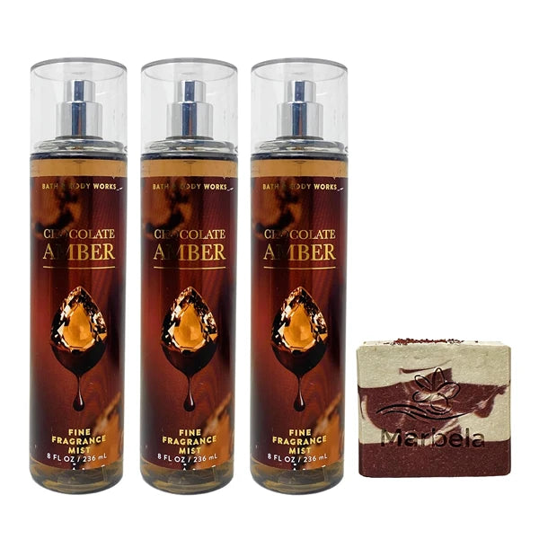 Bath & Body Works Chocolate Amber 3 Pack Fragrance Mist Bundle with a Cherry On Top Bar Soap - Full Size