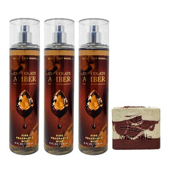 Bath & Body Works Chocolate Amber 3 Pack Fragrance Mist Bundle with a Cherry On Top Bar Soap - Full Size
