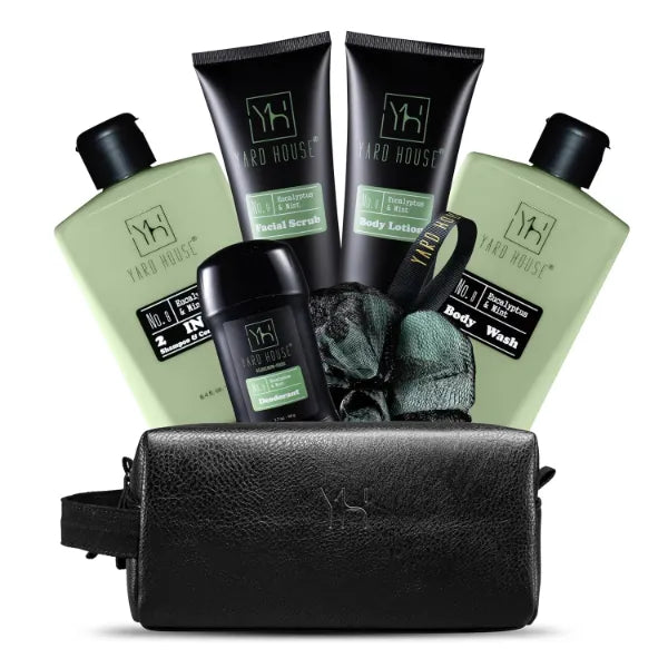 Yard House Mens Luxury Bath and Body Gift Set For Him - Skin Care Kit in Eucalyptus and Mint with Leather Toiletry Bag