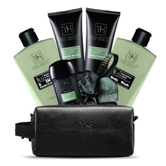 Yard House Mens Luxury Bath and Body Gift Set For Him - Skin Care Kit in Eucalyptus and Mint with Leather Toiletry Bag