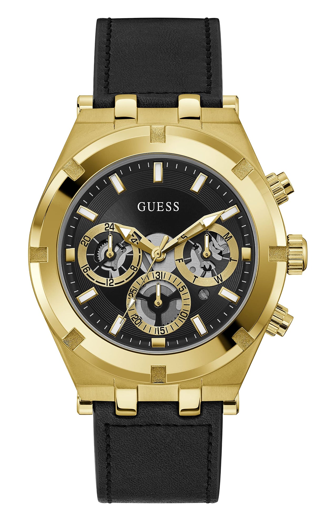 GUESS Men's Analog Multifunction Watch Black Leather Strap (Model: GW0262G2)