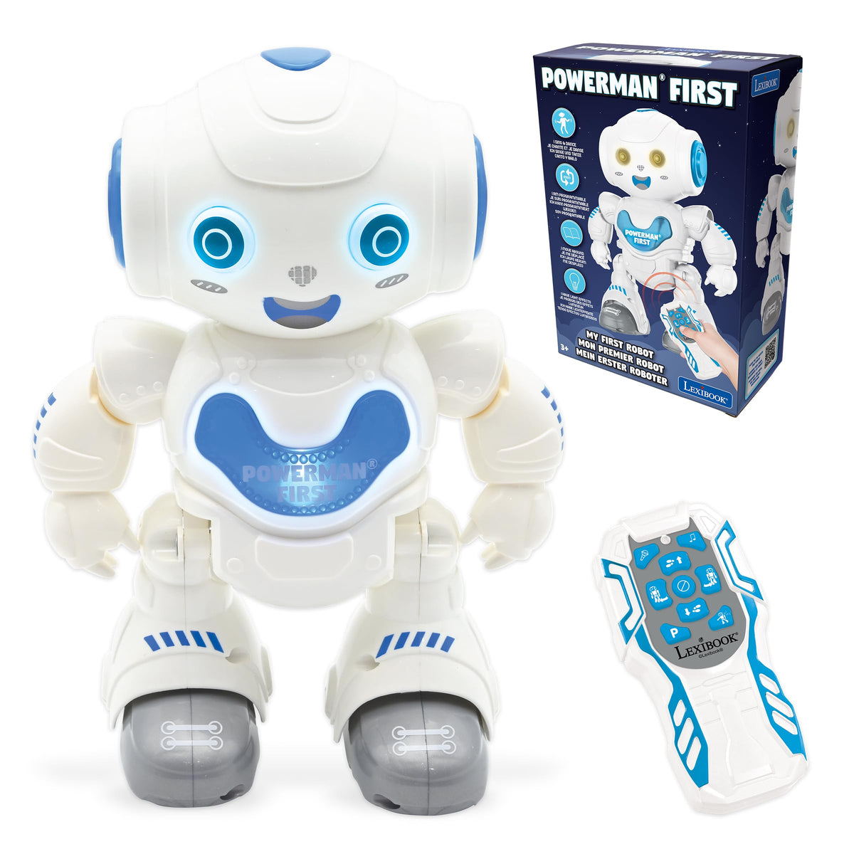 Lexibook Powerman First, My first smart Interactive Toy Learning Robot Toy for Kids Dancing plays music Boy Girl, white/blue