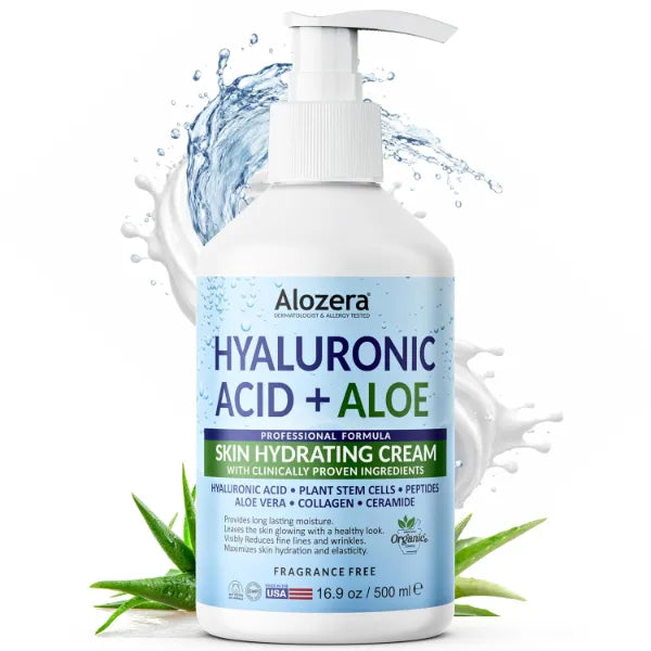 Alozera Hyaluronic Acid Face & Body Lotion with Aloe Vera, Daily Moisturizing Lotion for Dry Skin Hydration & Refresh, Non-Greasy, Lightweight, Fragrance-Free Moisturizer, 16.9 oz