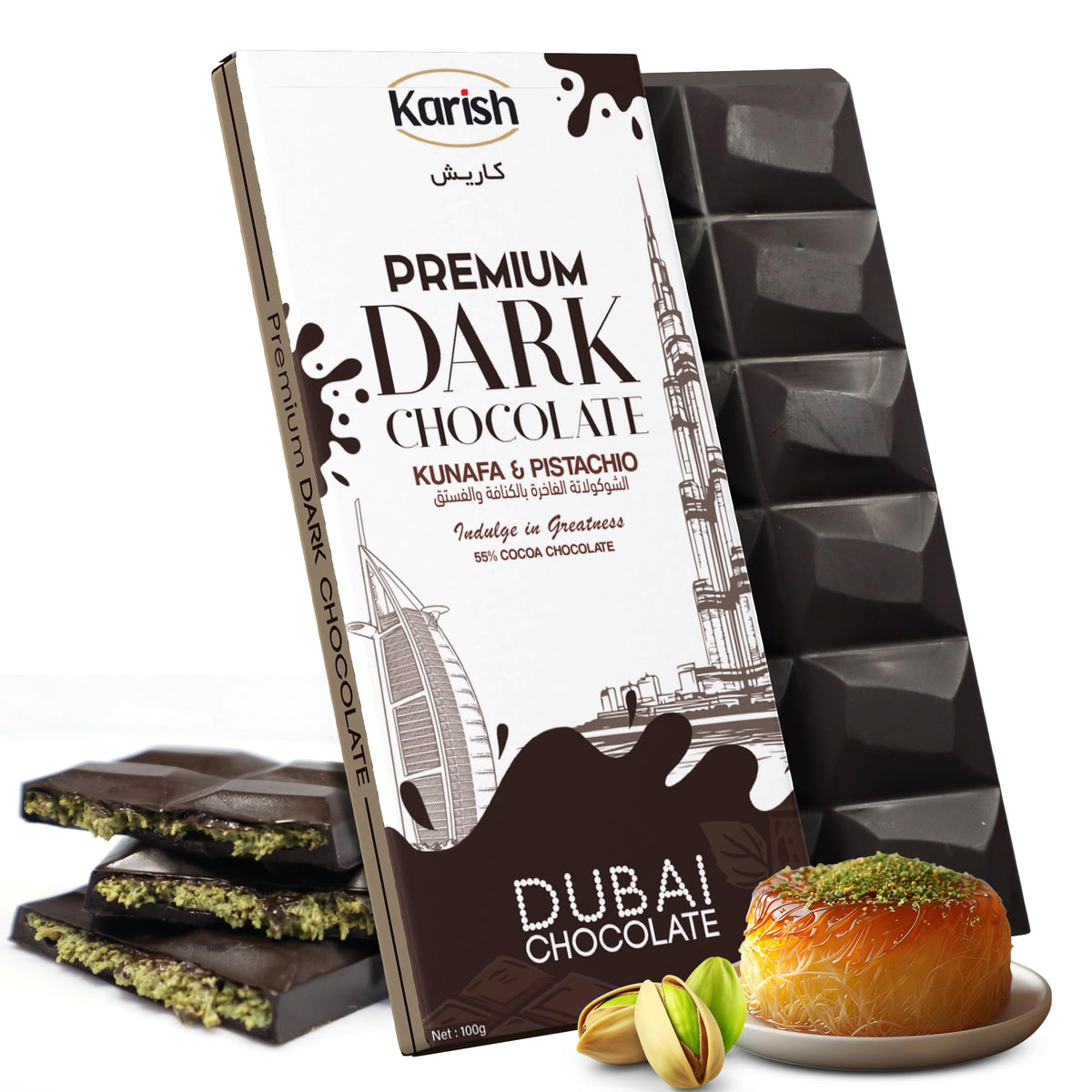 Karish Premium Dark Chocolate Kunafa & Pistacio Bar 100g - Nutty Gourmet Delight with Premium Chocolate 55% Cocoa - Arabic Dessert Bar