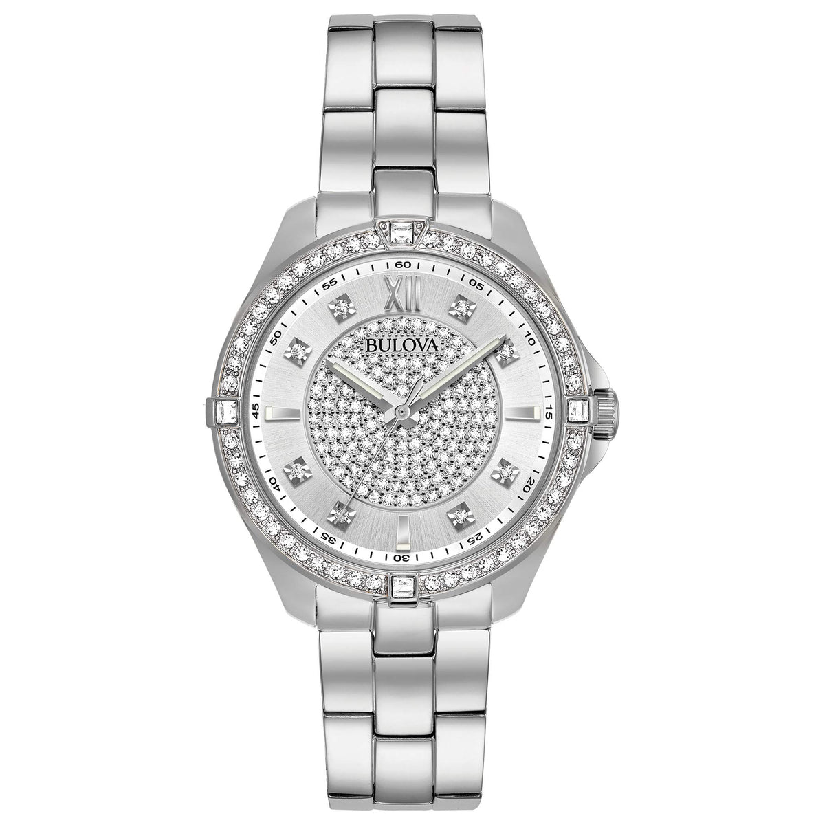 Bulova Ladies' Classic Crystal Stainless Steel 2-Hand Quartz Watch, Pave Dial Style: 96L236, Silver, Crystal Quartz Silver-Tone Stainless Steel Bracelet - Silver