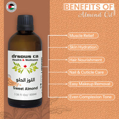 Drsous Ca Organic Sweet Almond Oil 100ml | Cold Pressed Carrier Oil for Body Massage, Glowing Skin, Hair care | Gentle for Babies, Rich in Vitamin E and Antioxidants | Made in Palestine