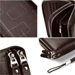 Mens Clutch Bag Handbag Genuine Leather Purse Zipper Long Wallet Business Large Hand Clutch Phone Holder - Stripe Brown Double Zipper