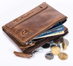 BULLCAPTAIN Genuine Leather Wallet for Men Vintage Bifold with Double Zipper Pockets (Brown)