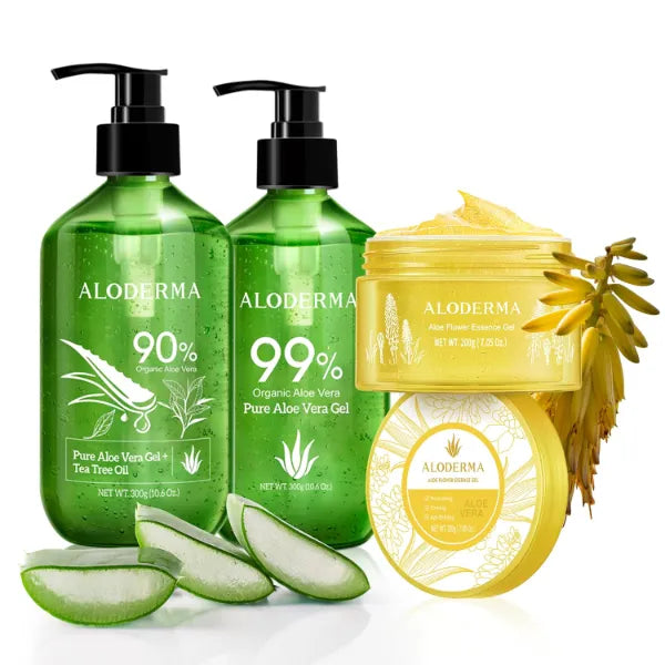 Aloderma Aloe Vera Gel Set 3 Pack - Aloe Flower Essence Gel, Pure Aloe Vera Gel, Aloe Vera Gel + Tea Tree Oil