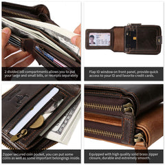 MING CLAN Zipper Wallet Men RFID Blocking Leather Bifold Wallets For Men - Flap ID Window Zip Coin Pocket Mens Zipper Wallets - Big Capacity - Coffee