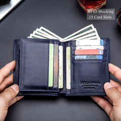 BULLCAPTAIN Large Capacity Genuine Leather Bifold Wallet/Credit Card Holder for Men with 15 Card Slots QB-027, Blue, Small, Modern