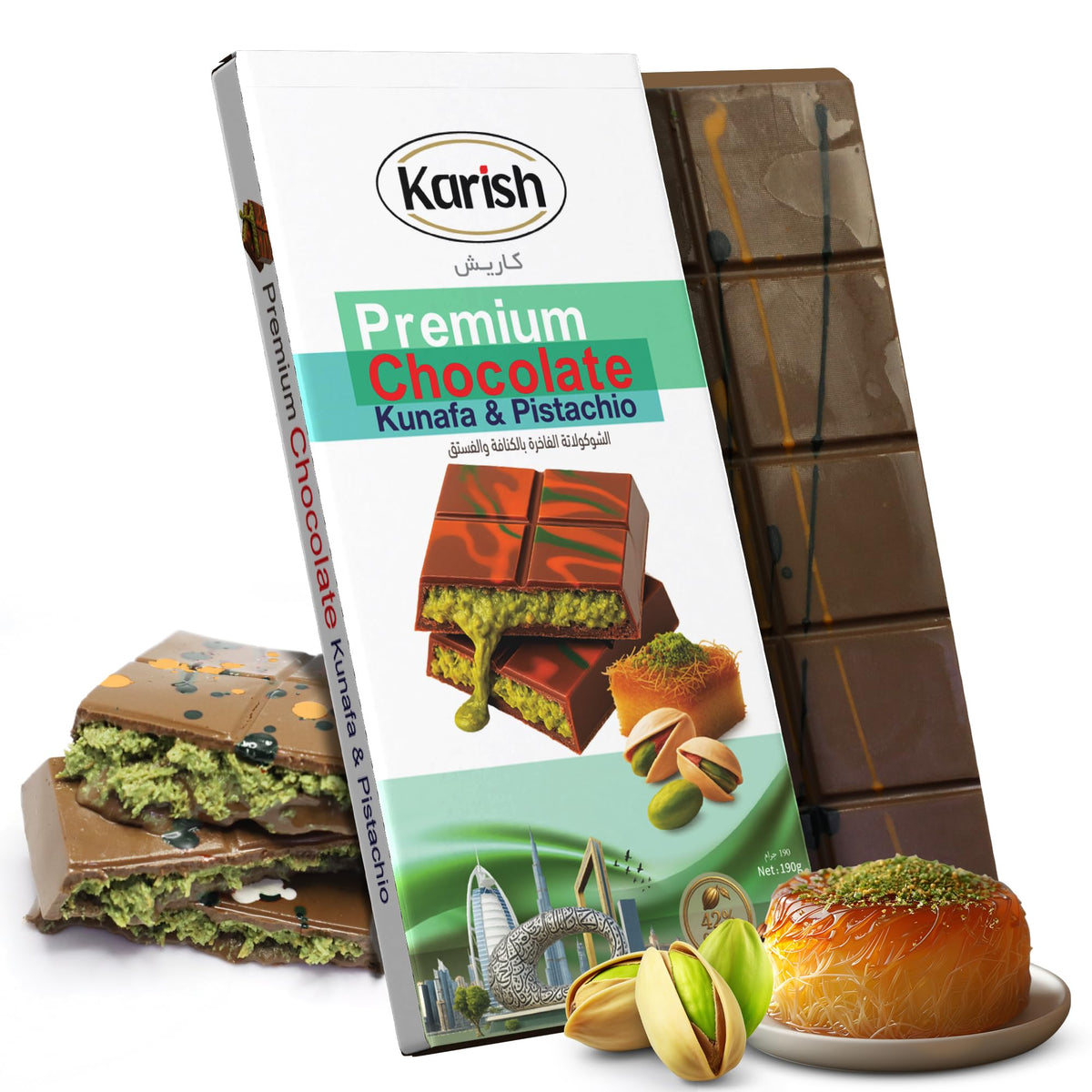 Karish Viral Kunafa Dubai Chocolate Dubai Choco kunafe With Creamy Pistachio filling Freshly Made With Real Chocolate 42%, Fresh Kunafa (190 gram) (Full Size, Pistachio)