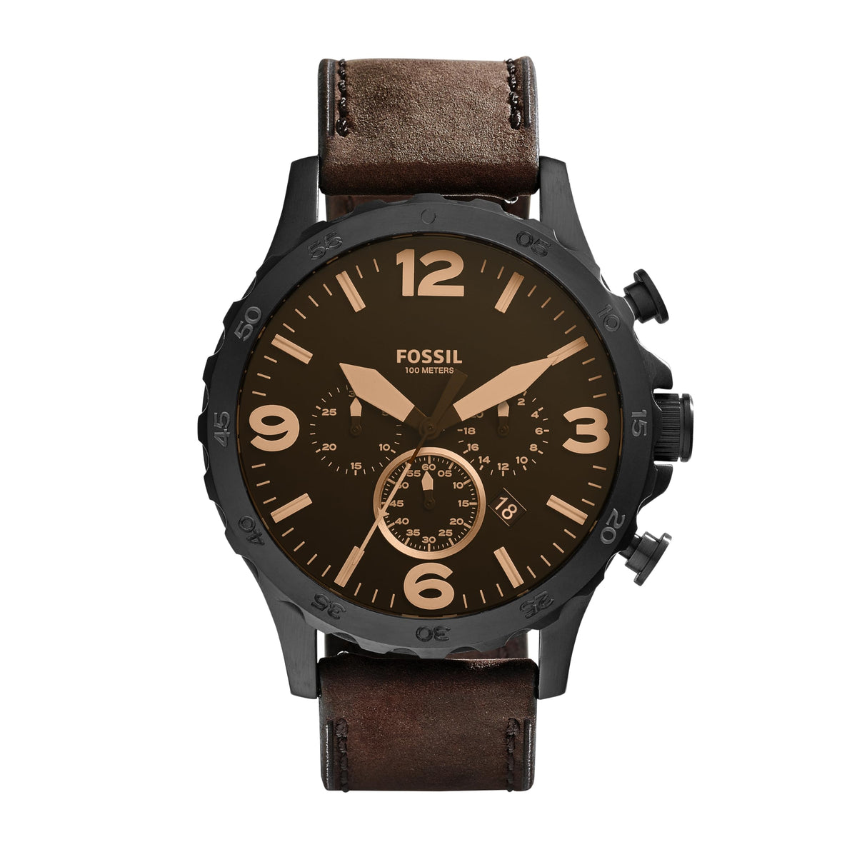 Fossil Nate Men's Watch with Oversized Chronograph Watch Dial and Stainless Steel or Leather Band Brown