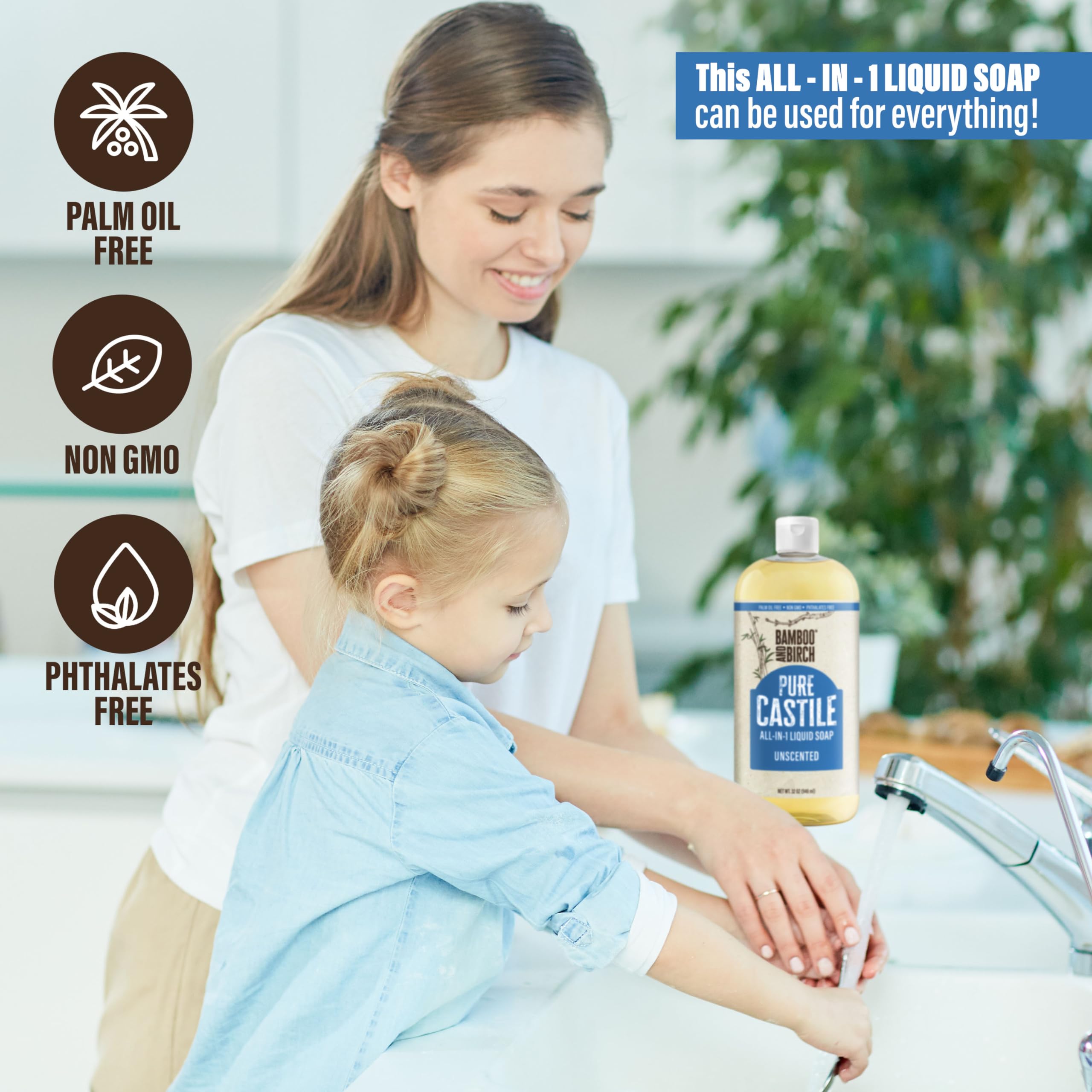 Pure Castile Soap Liquid Organic, Certified Palm Oil Free Natural Soap, Unscented, 32 oz