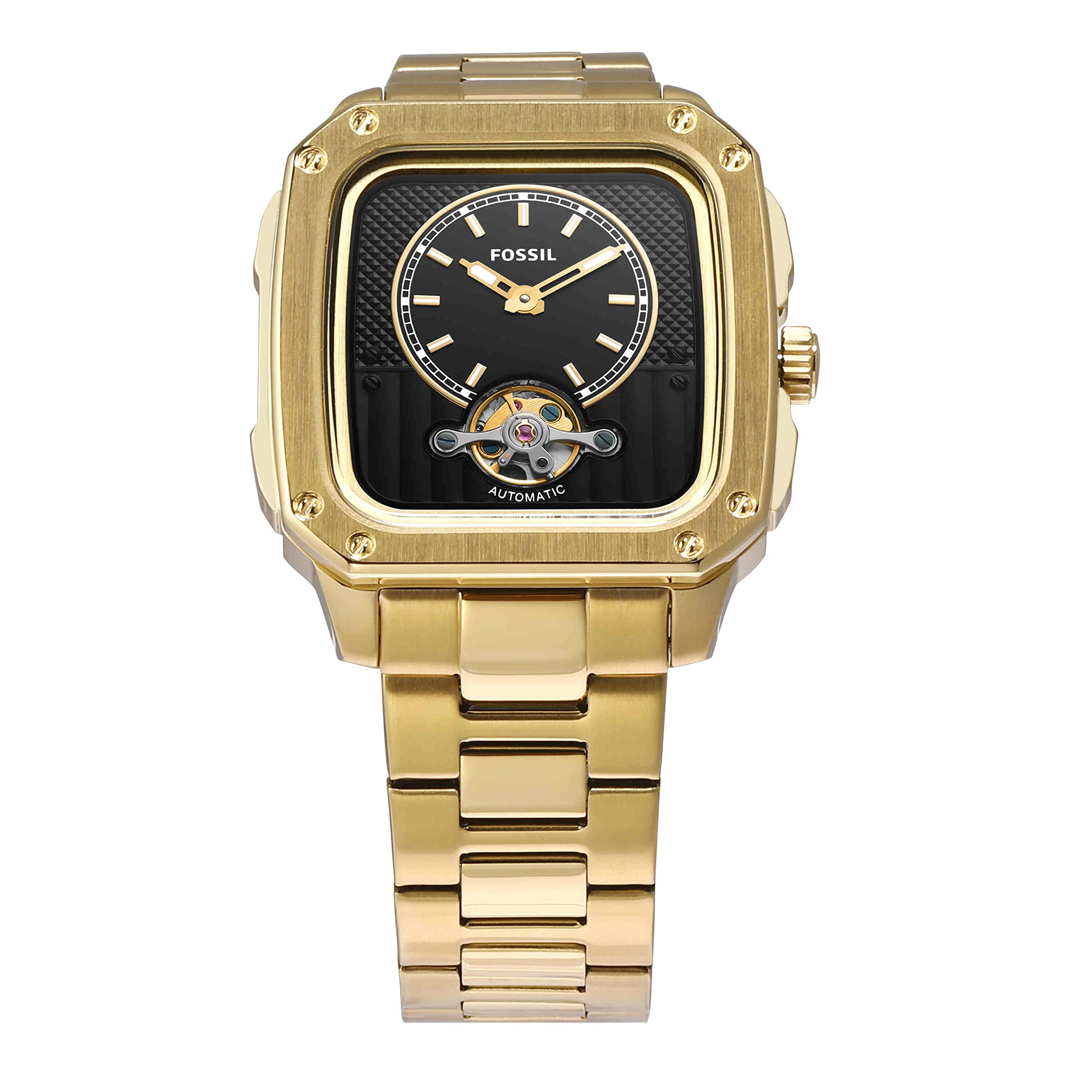 Fossil Inscription Men's Watch with Square Case and Stainless Steel, Silicone or Leather Band Gold Auto