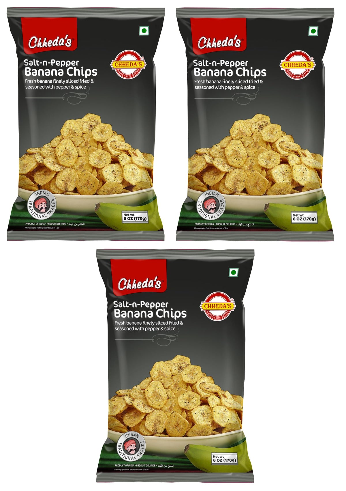 Chheda's Banana Chips Salt and Black Pepper | Authentic Namkeen Vegetarian Snacks - 170 gm (3 Pack)