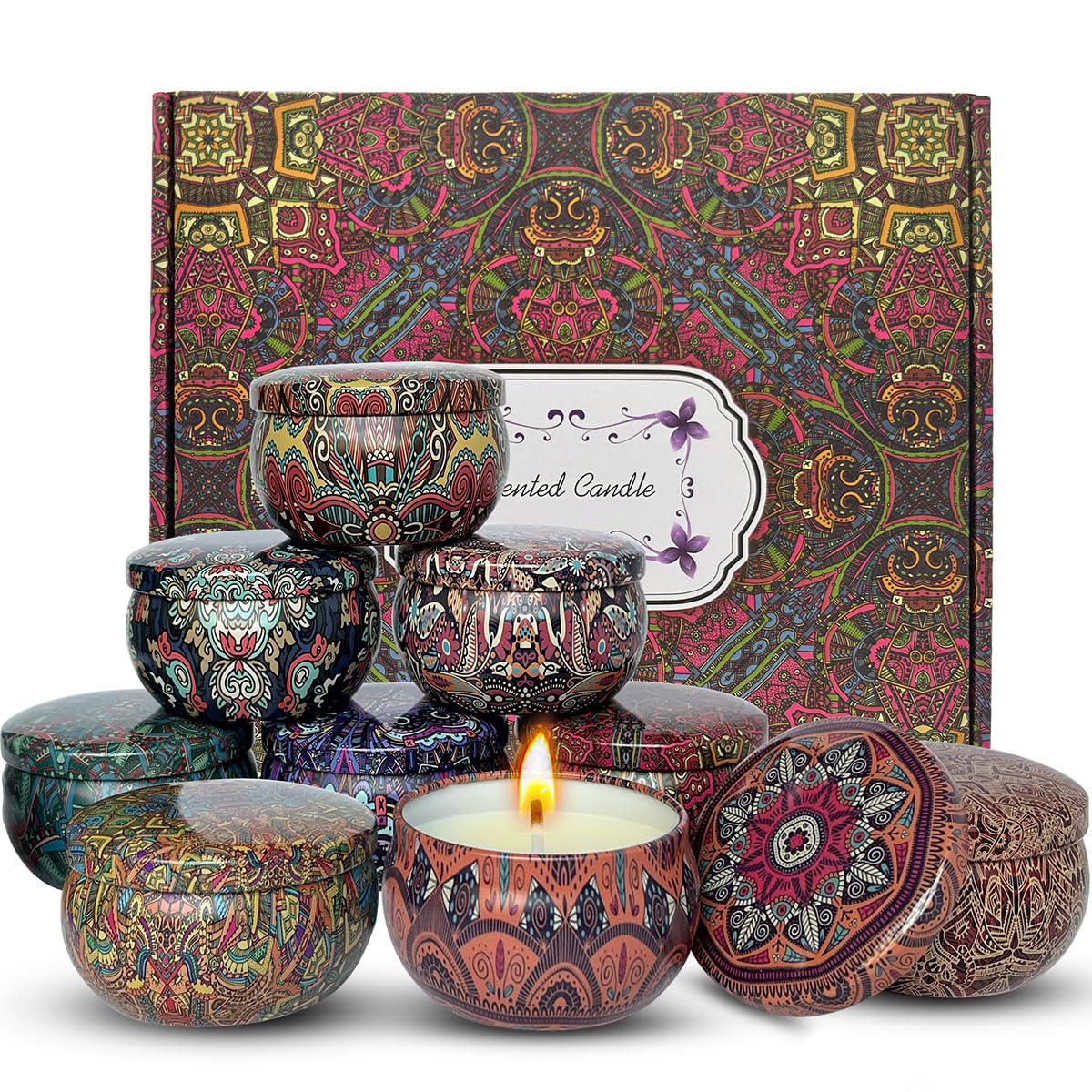 Scented Candles Gift Set, 9pcs Natural Soy Wax Jar Candle Long Lasting Portable Aromatherapy Candle for Home Scented, Various Fragrance Tin Candle Stress Relief for Bath Yoga SPA Sleep Festival Party