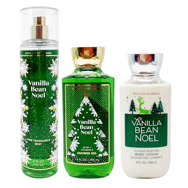 Bath & Body Works Vanilla Bean Noel Shower Gel, Body Lotion, Fine Fragrance Mist Daily Trio Gift Set 2018