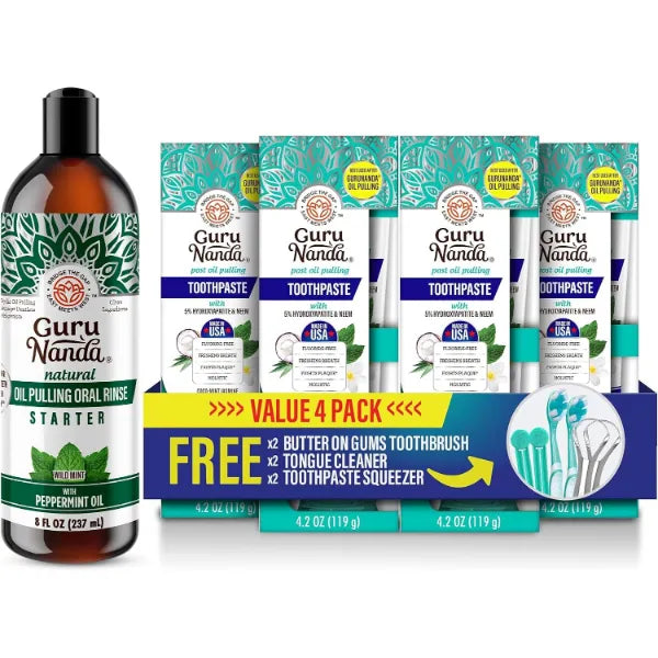 GuruNanda Complete Oral Wellness Kit – Coconut & Peppermint Oil Pulling & 4-Pack Fluoride-Free Toothpaste for Cleaner Mouth, Happy Gums & Brighter Smiles