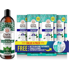 GuruNanda Complete Oral Wellness Kit – Coconut & Peppermint Oil Pulling & 4-Pack Fluoride-Free Toothpaste for Cleaner Mouth, Happy Gums & Brighter Smiles