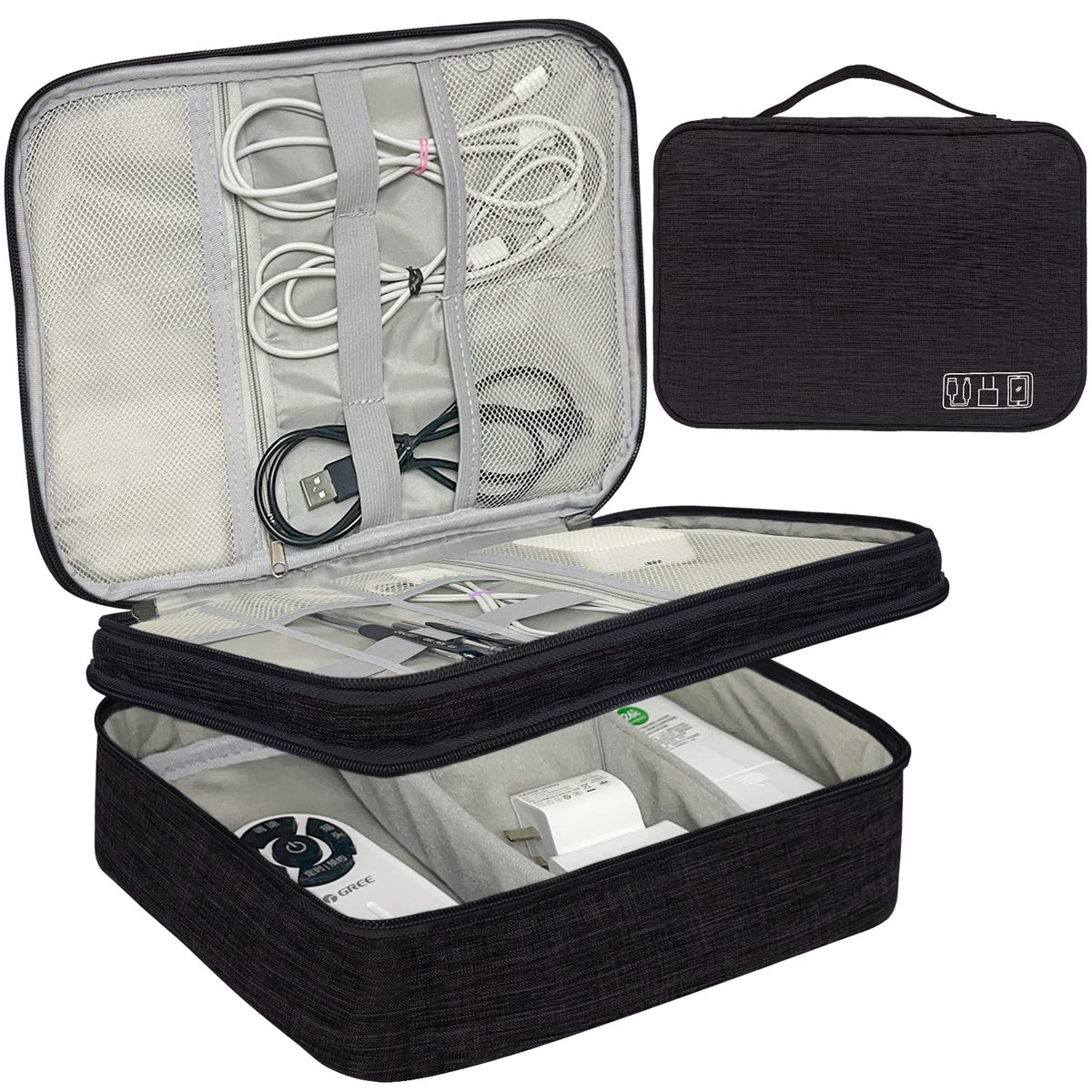 Ogetok Electronic Organizer Bag Travel Cable Accessories Double Layer Large Waterproof Storage Case for Adapter, Chargers, Power Bank, Mouse,iPad, Phone, Kindle, SD Card, Wires, Cords, Drive, Black