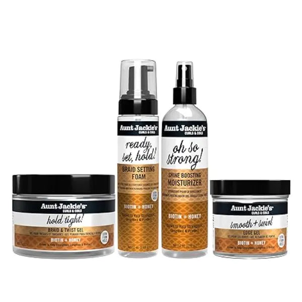 Aunt Jackie's Braid & Twist Collection Biotin & Honey Bundle Strengthen, Lengthen & Protect Braids, Locs, Twists and Natural Styles (4 Products)