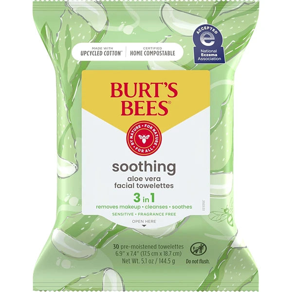 Burt's Bees Aloe Vera Face Wipes, for Sensitive Skin, Soothing Makeup Remover & Facial Cleansing Towelettes, 30 Count (1 Pack)