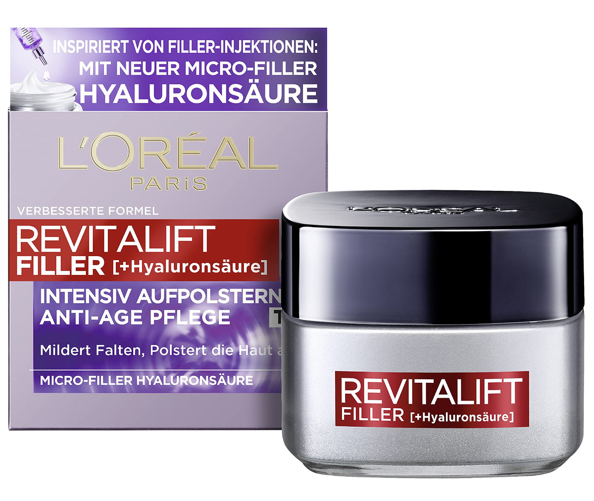 L’Oréal Paris Revitalift Filler, Hyaluronic Day Cream, Anti-Ageing Face Care with Micro-Filler Hyaluronic Acid for Moisture and Anti-Wrinkle Effect, 1 x 50 ml