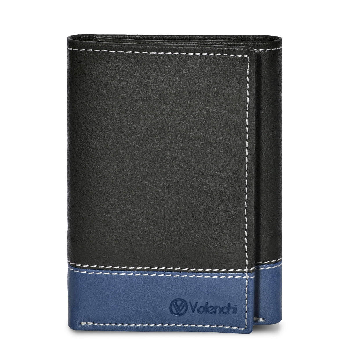 VALENCHI Men's Genuine Leather Rfid Blocking Slim Trifold Wallet With 7 Cards+1 Id Window+2 Note Compartments - Blk/Blue Nappa