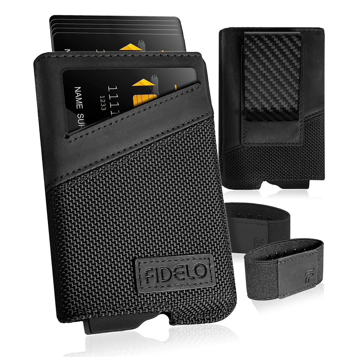 Fidelo Minimalist Wallet for Men - Slim Credit Card Holder RFID Mens Wallets with Magnetic Money Clip - Black Nylon and Carbon Fiber