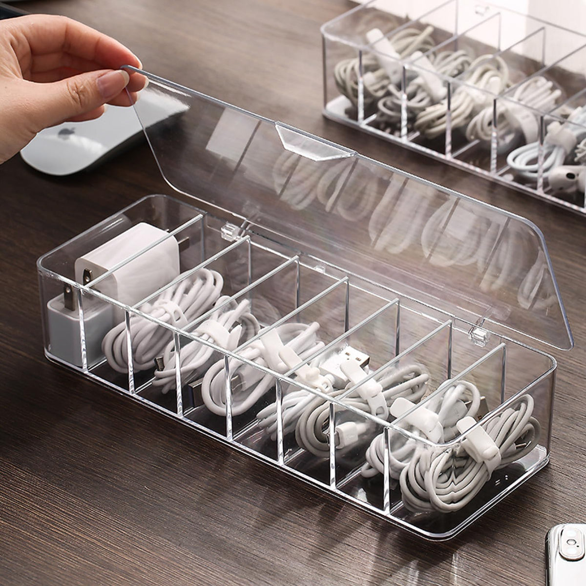 UUHOME Data Cable Organizer Storage Box With Lid,Electronic Cables Organizer Box With 10 Cable Ties Straps,Clear Charger Cable Organiser Desk Accessories Storage Case Cable Management Tidy