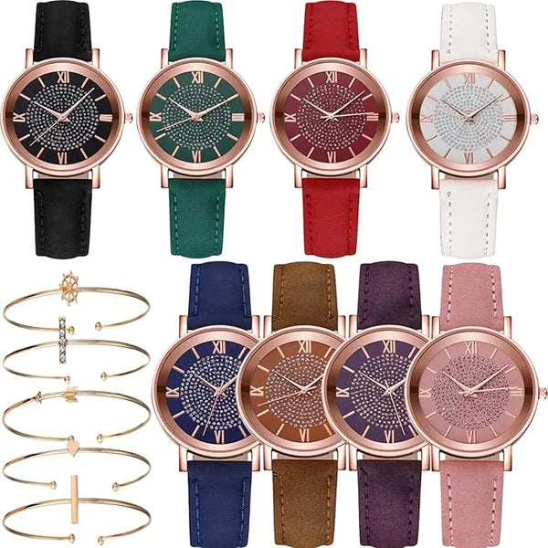 KASTWAVE Wholesale Assorted Platinum Watches Jewelry Dress Watches Rose Gold Roman Numerals Starry Sky Wrist Watch Bracelet for Women Girls(8 pcs)